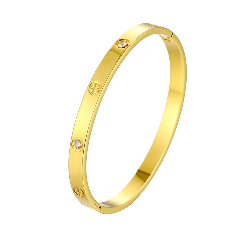 Four-Leaf Clover Women's Stainless Steel Bangle with Diamonds - Non-Fading Gold Titanium Steel Bracelet