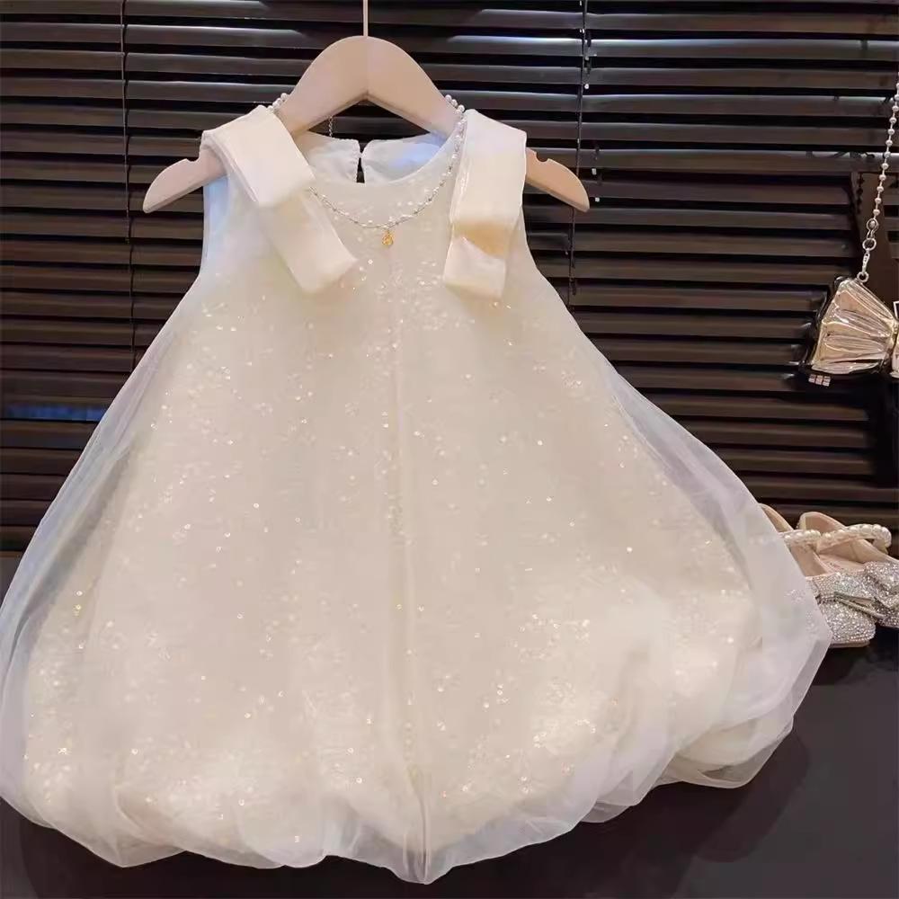 Summer Girls Solid Sequin Mesh Dress Baby Shiny Spaghetti Strap Princess Party Dress For Kids 90cm
