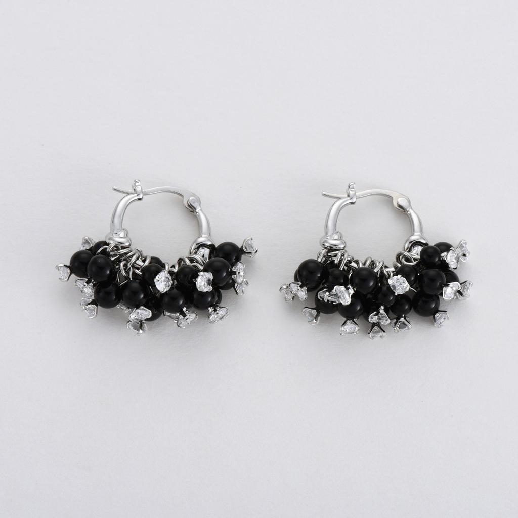 Fashion Trend Light Luxury Copper Platinum Plated Black Agate Beads Pendant Zircon Ear Buckle Temperament Earrings