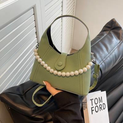 Fashion Simple Solid Color Pearl Chain Women Handbag  Summer Commuting Textured Female Underarm Bag Korean Crossbody Bags