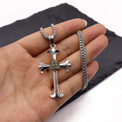 Jewelry Men's Personality Eye of God Cross Necklace Thai Silver Retro Trendy Hip Hop Necklace