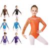 Dívčí třpytivý gymnastický dres s kamínky, dlouhým rukávem, patchwork designem, s potiskem na zádech, bez zad