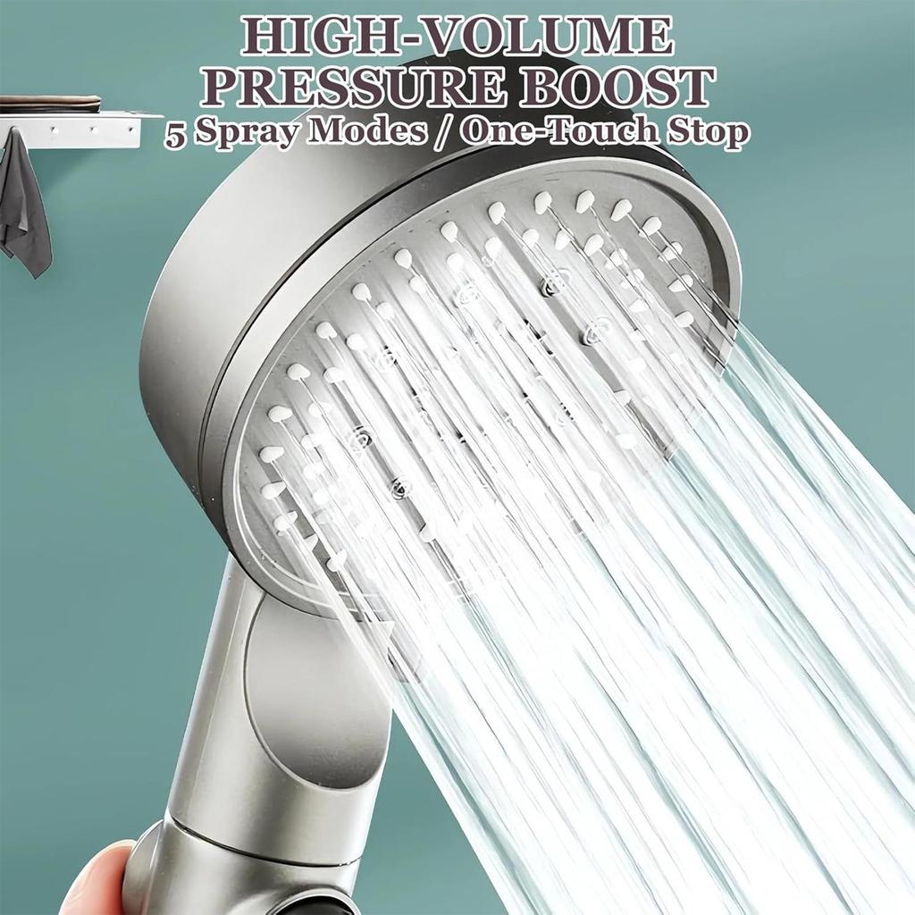 High Pressure Shower Heads 5 Modes Filtered Shower Head with Handheld Silicone Nozzles Adjustable Faucet for Bathroom Home Gym