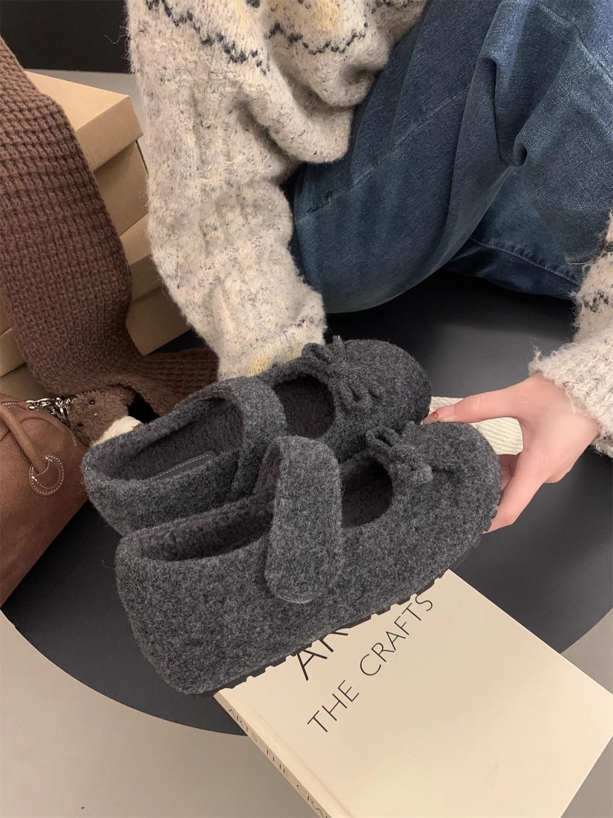 

Легкие пушистые маленькие туфли-лодочки с бантом женские осень 2025 новые модные универсальные на плоской подошве туфли Doudou 40 темно-серого