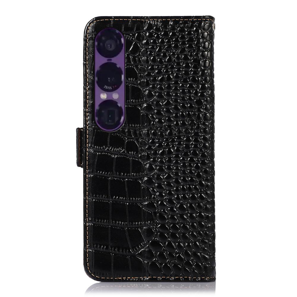 For Sony Xperia 1 VII Case Crocodile Texture Genuine Cow Leather Phone Wallet Cover