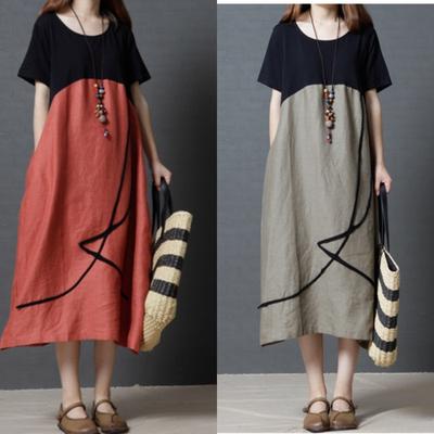 Robe ample en coton et lin pour femme, couleur contrastée, col rond, mode, grande taille, jupe