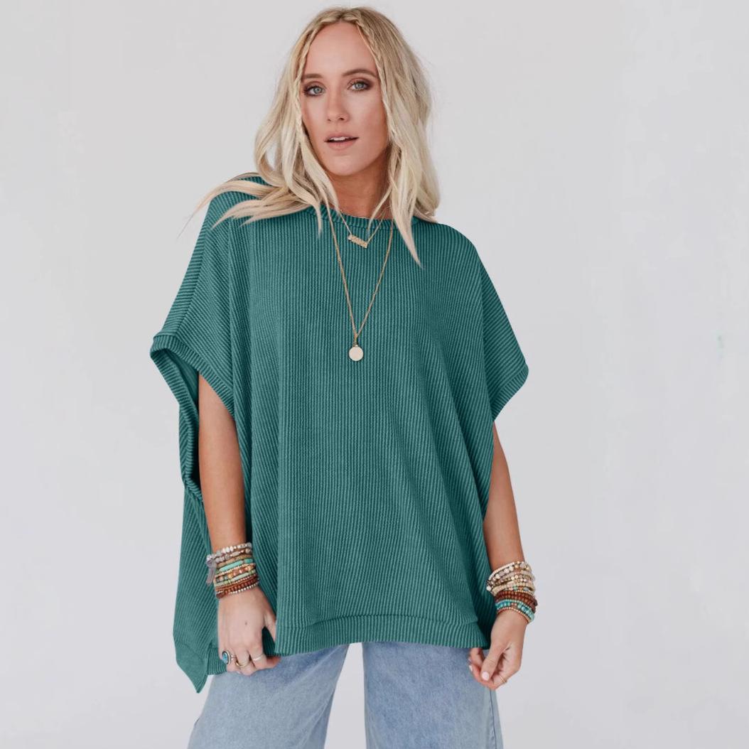 

Summer Solid Color Knitted Oversized Pullover Round Neck Bat Sleeve T-Shirt for Women XL зелений