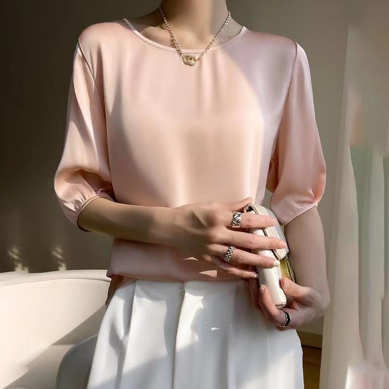 Women's Simulated Silk Five Quarter Sleeve Shirt with Loose Design and Round Neck Blouses & Shirts
