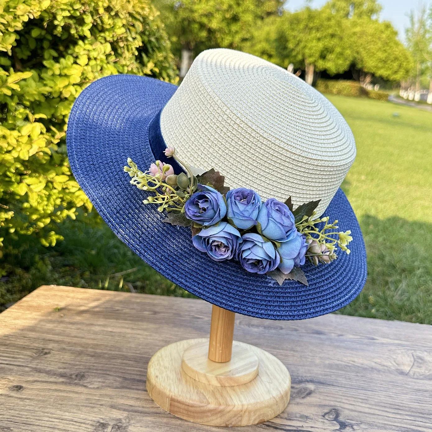 

Women s Summer Straw Hat with Rose Flower - Large Brim Sun Hat for Beach, Wedding, Elegant Wide Brimmed Boho Sunhat 55-58CM