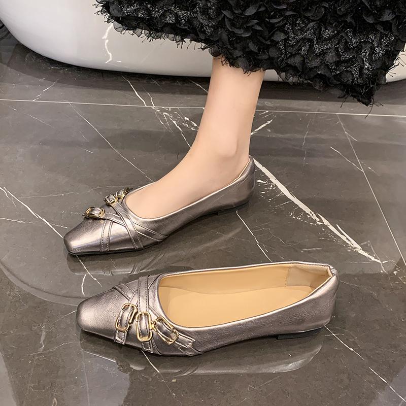 Fashion Shoes Woman Comfortable And Elegant Oxfords Buckle Strap Female Footwear Shallow Mouth Slip-on Square Toe Leather New Dress Slip