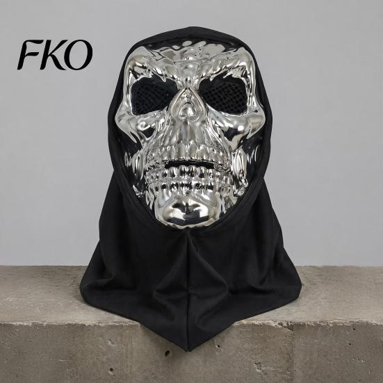 Dark Cool Cosplay Mask Halloween Skull Mask, with Breathable Mesh Eyes Design, Black Electroplated Metallic Headscarf Mirror Texture for Adults Party