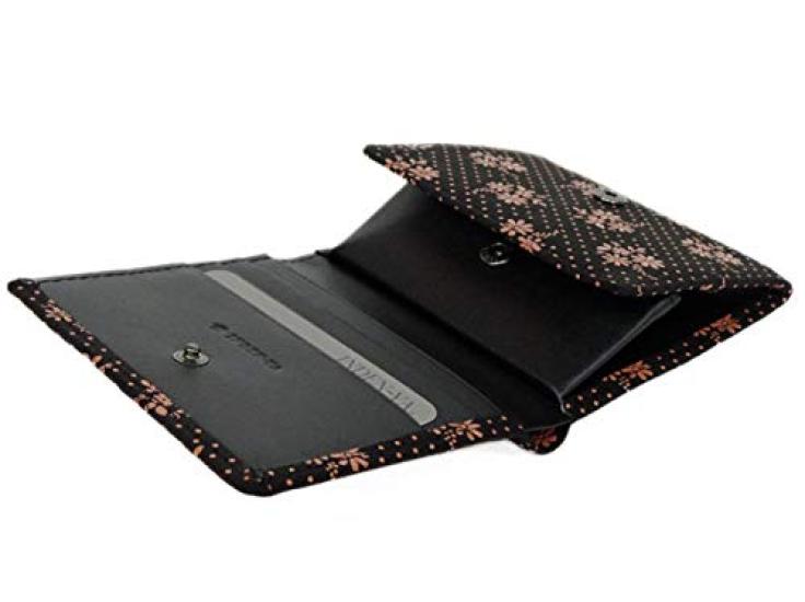 Indenya Inden Bifold Wallet with H-shaped Bill Compartment and Box-Shaped Coin Purse, Deerskin Leather, Black with Pink Lacquer, Cosmos Pattern,