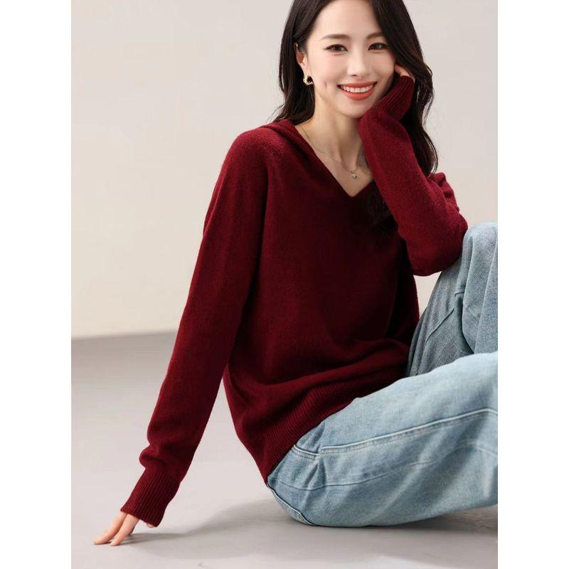 

Hengyuanxiang 100% Pure Wool Hooded Knitwear Women s Winter New Arrival K-style Casual Easiest for Match Pure Color Warm Keeping Sweater Ankoala Red XL(60.00 kg-67.50 kg)