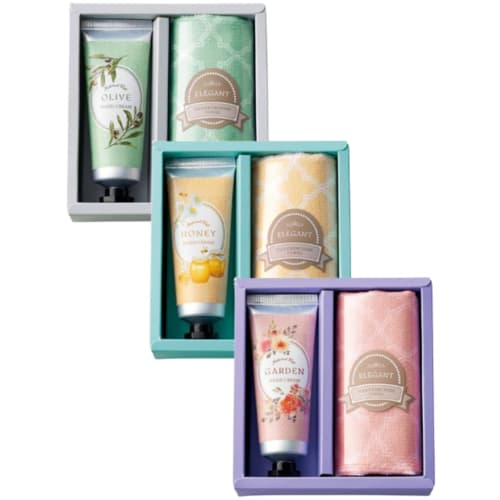 Marutatsu Labelle Hand Cream & Handkerchief Towel Assortment (3-Piece Set + Message Card) In Garden Olive and Honey Flavors. A Popular Small Gift for