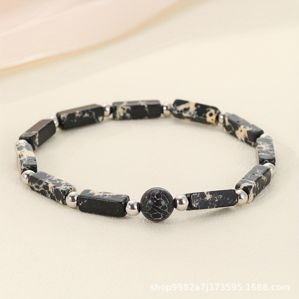 Mixed Natural Stone Beaded Bracelet Set – Rectangle Round Bead Boho Jewelry, Colorful Healing Gift for Women