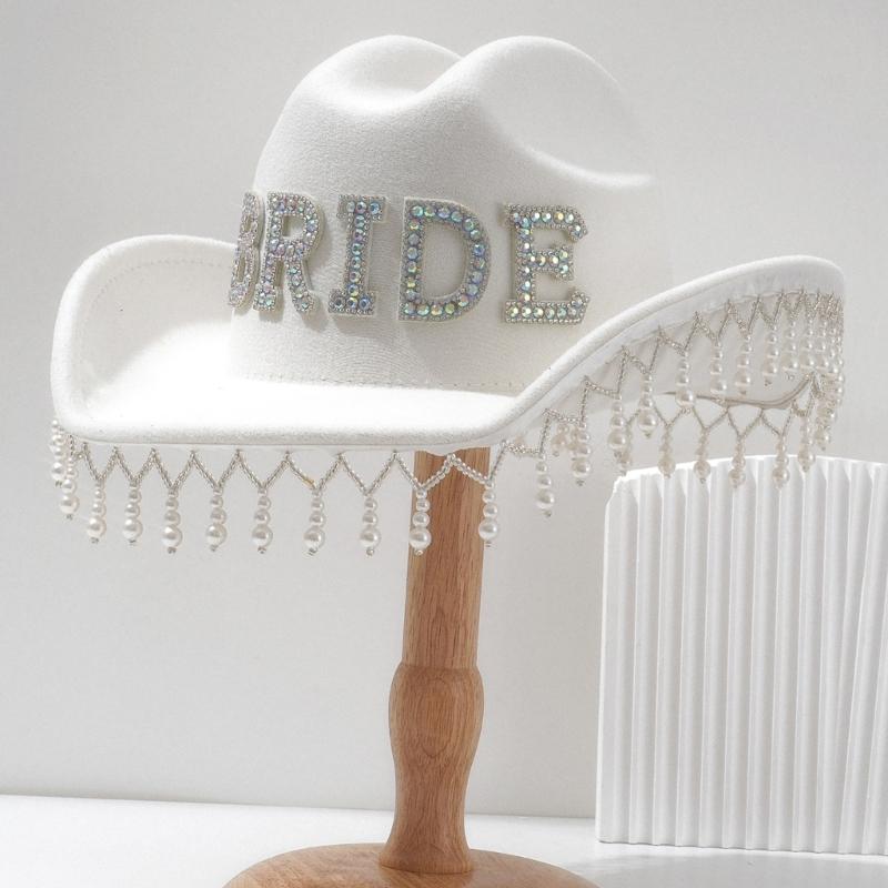 Luxurious Pearls Cowboy Hats Bride Hat Panama Hat for Bachelorette Party Cowboy Hats for Club Stage Shows