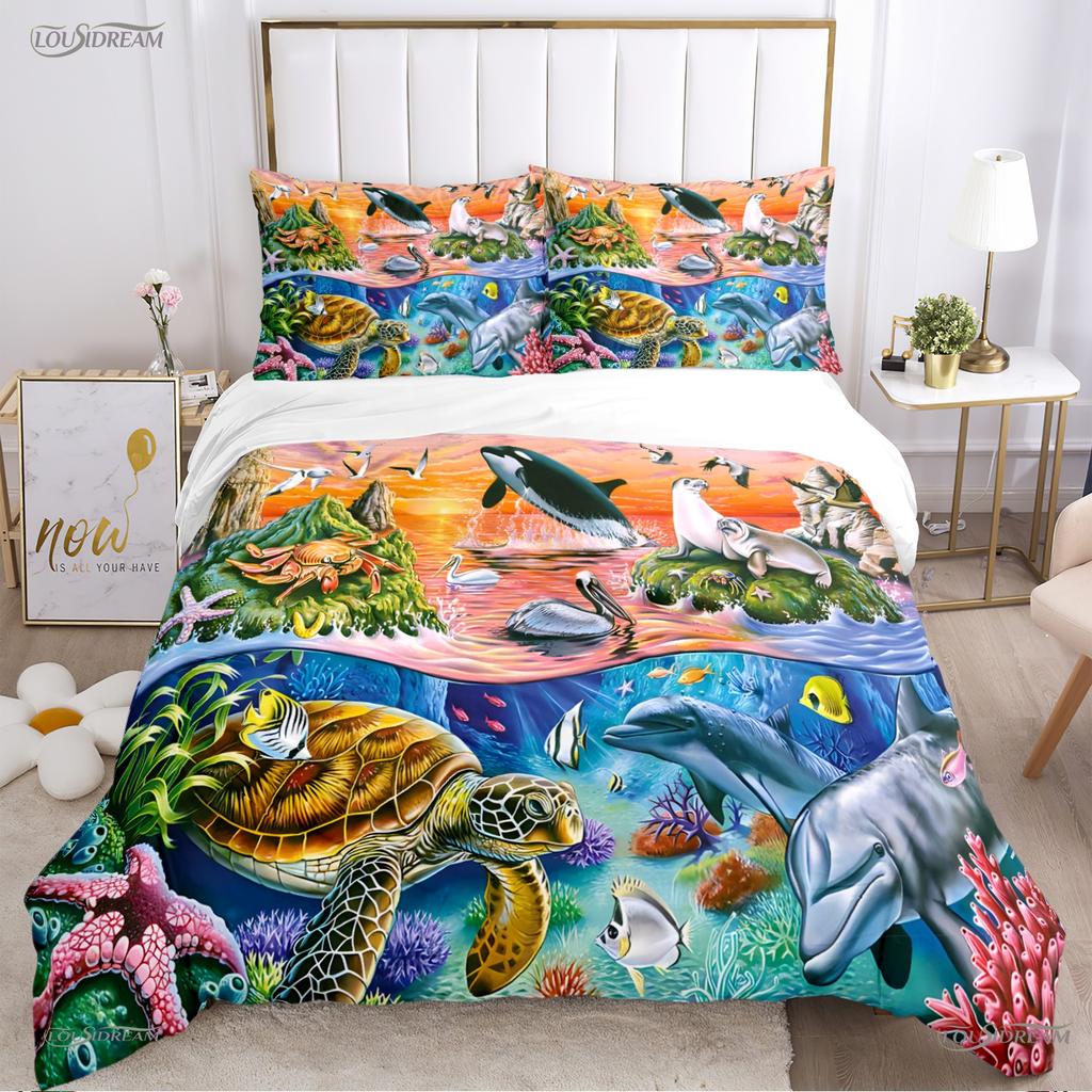 Comforter 3D Ocean World Dolphin Whale Fish Comforter Beding Set Soft And For Single/Double/Queen/King