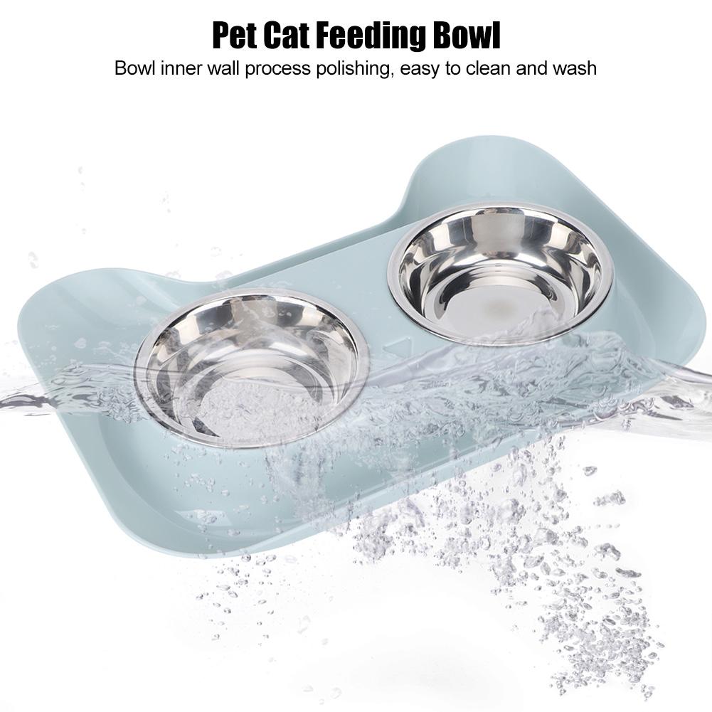 Stainless Steel Pet Cat Double Bowls Feeder Water Food Basin Feeding Supplyblue