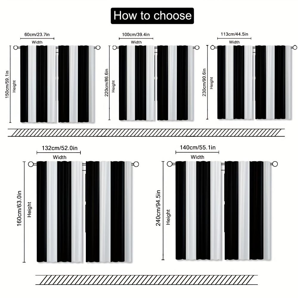 Set Of 2 Polyester Curtains Black White Striped Semi Transparent Rod Modern Light Filtering Made