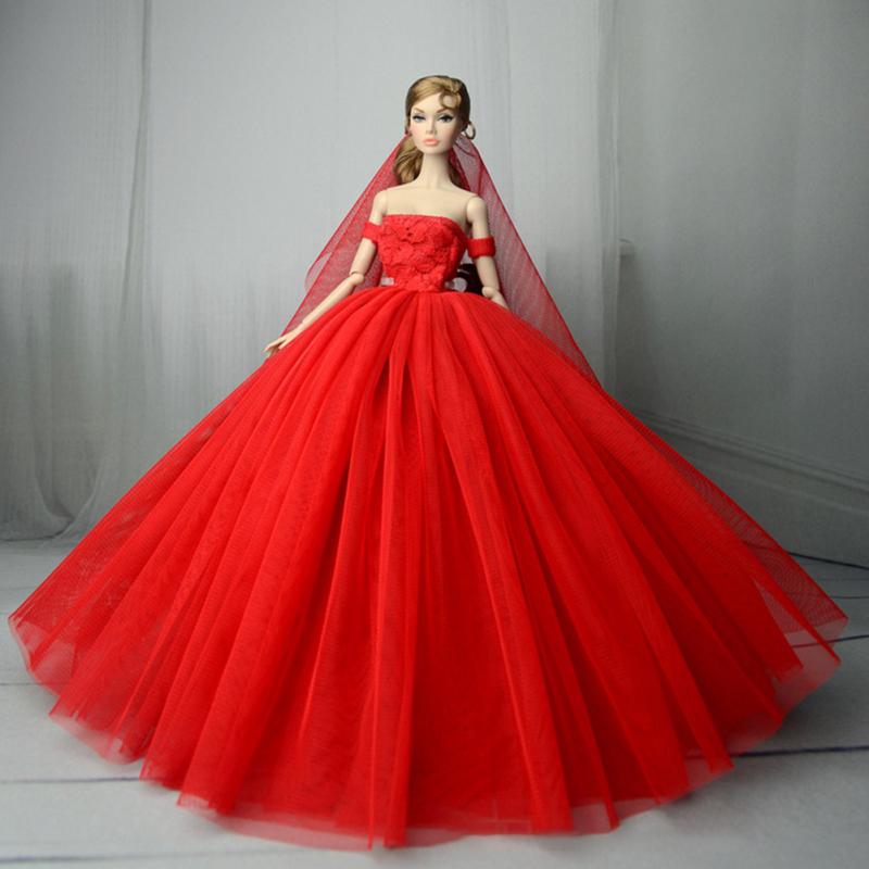 Elegant Boat Neck Collar Wedding Dress Tutu Dress Evening Long Dress for 30cm Dolls