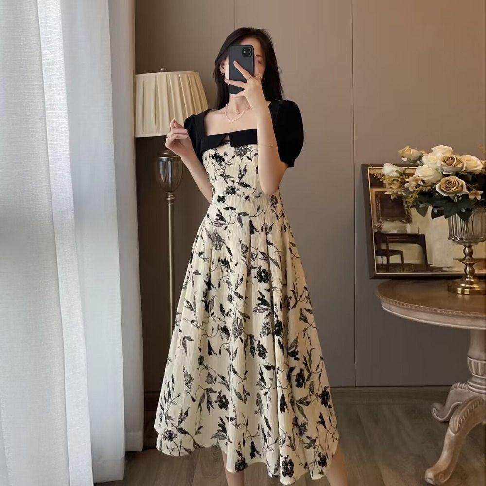 Square Neck Flower Long Dress Patchwork Short Sleeves Dress Elegant A-line Skirt  Evening Party