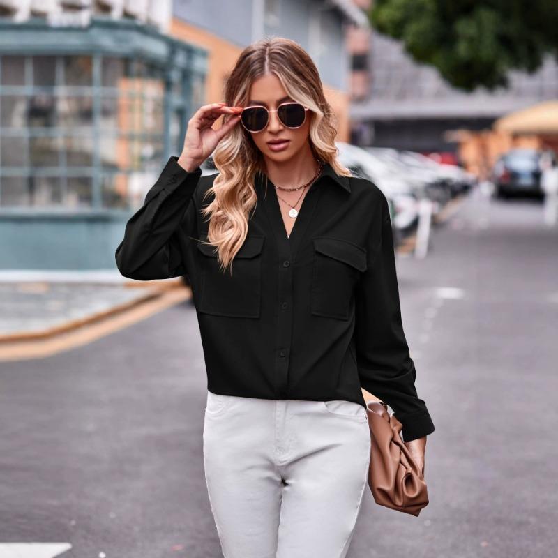 Women S Loose Fit Long Sleeve Shirt With Double Pockets Casual Fashion