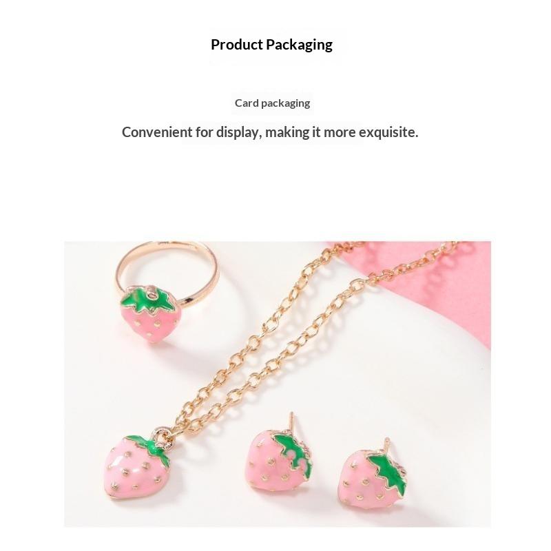 Kawaii Red Strawberry Enamel Jewelry Set 3Pcs Necklace Earrings Ring Hypoallergenic for Girls Party Wear Gifts