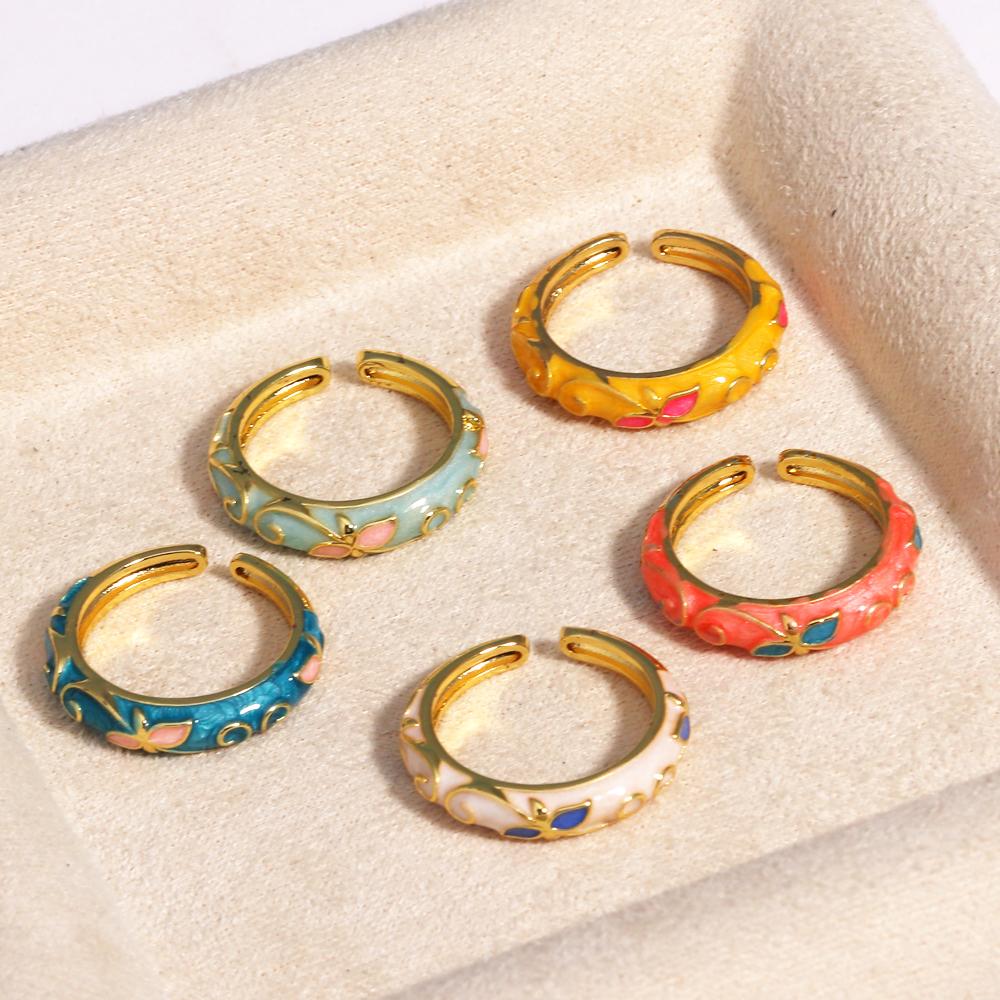 Neuer Modischer Emaille-Blumen-Dünner Offener Ring für Damen Vintage Metall Tropföl Verstellbare Fingerringe Hochzeits Schmuck