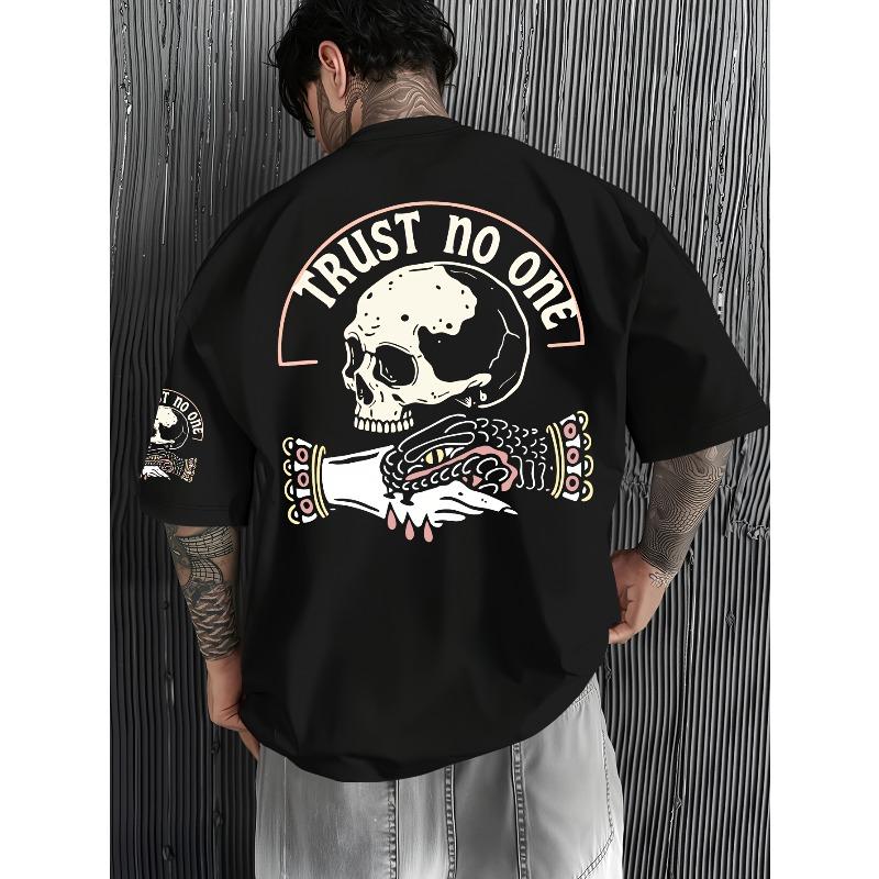 European Size Skull Hand Print T-Shirt - TRUST NO ONE Letter Short Sleeve Loose Fit Men's Streetwear
