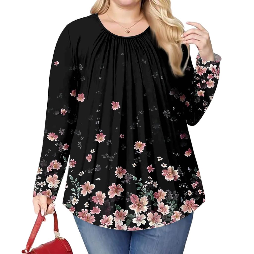 Women's Plus Size Fashion Printed Casual Pleated Round Neck Long Sleeve Top