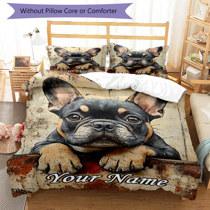 3PC Custom Name French Bulldog Portrait Bedding Set Duvet Cover Closure Includes 1 Duvet Cover & 2 Pillowcases for Bedroom