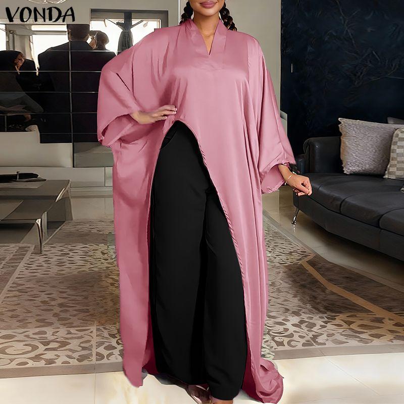 VONDA Plus Size Women Casual Loose V Neck Long Sleeve High Split Irregular Long Blouse Tops