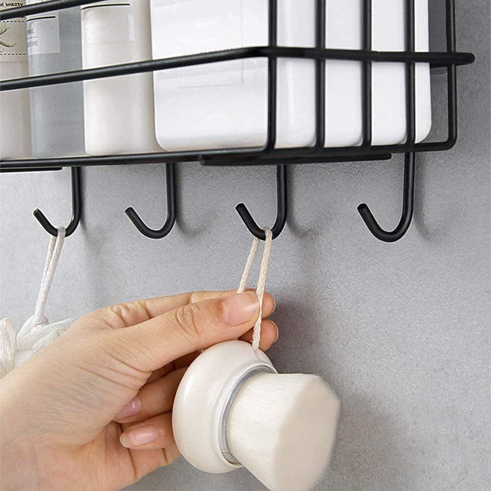 Stainless Steel Bathroom Shelf for Wall, Self Adhesive Bathroom Organiser, 4 Hooks for Towel Holder, Space-Saving Wall Mounted Bathroom Shelf