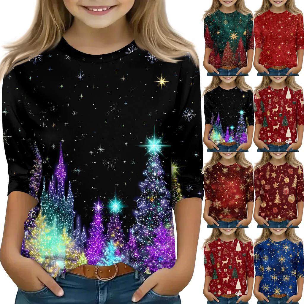 Children's 3/4 Sleeve Tops Casual Christmas Print T Shirt Round Neck Pullover Blouse