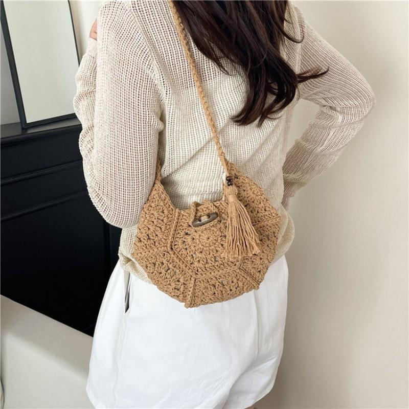 Hand Knitted Bag Women's Lightweight French Artistic Handbag Bucket Woven Shoulder Bag Semicircle Handheld Bag KTB