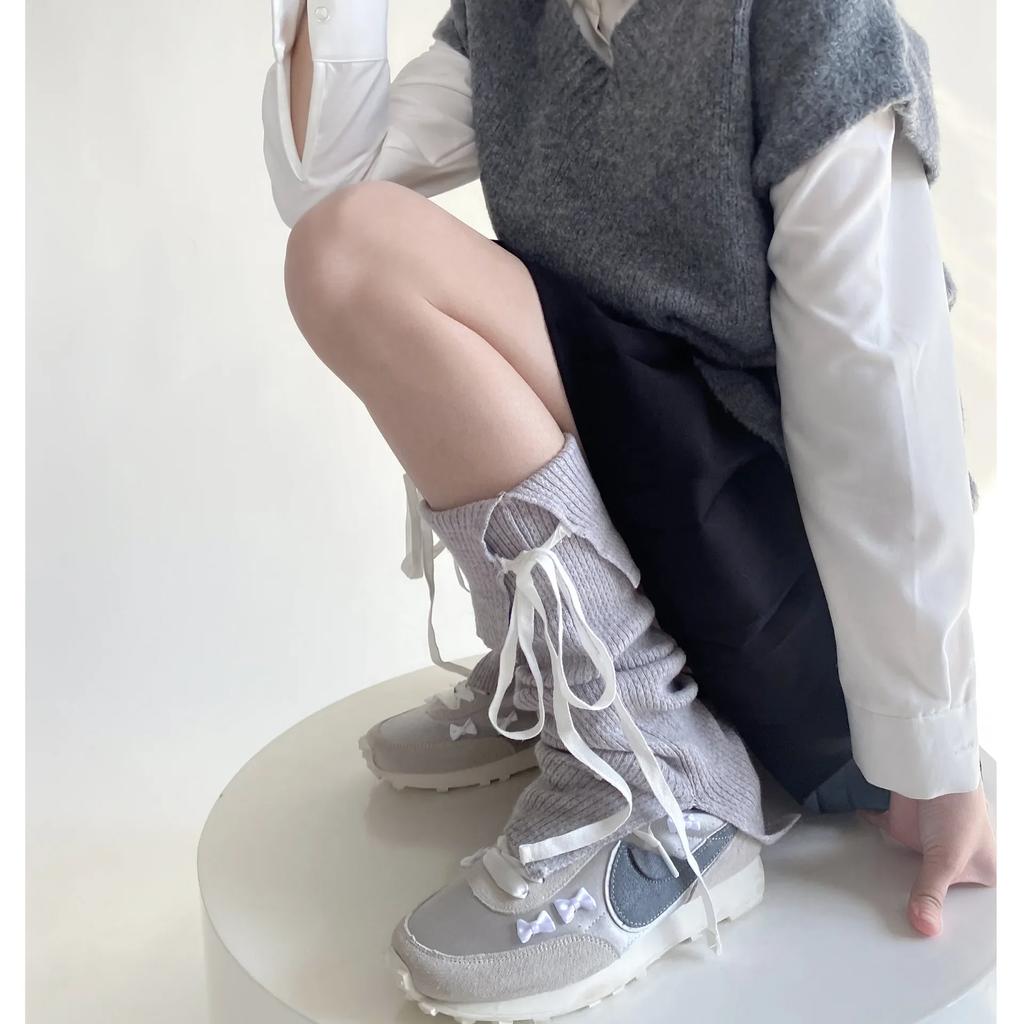Solid Color Knitted Women Leg Warmers Sweet Girls Bow Long Socks Stockings Knitted Foot Cover JK Lolita Kawaii Cute Leg Warmers