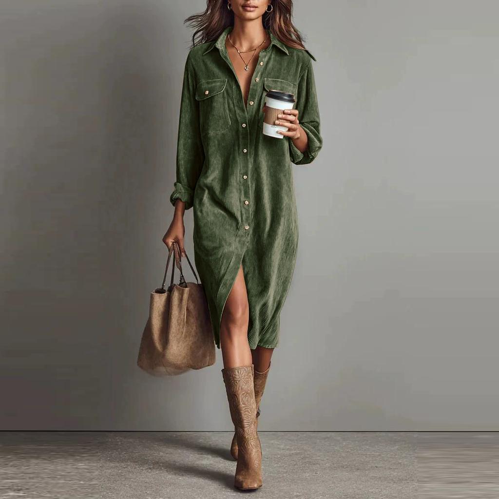 Vintage Women's Dress Spring Summer Office Lady Solid Corduroy Long Sleeve Lapel Shirt Loose Maxi Dresses for Women