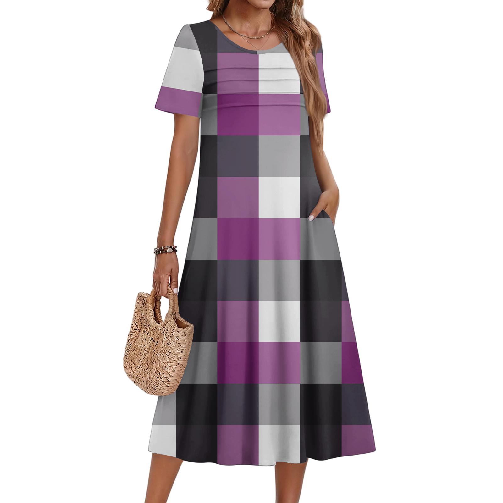 

Ladies Plaid Printed Casual And Fashionable Short Sleeved Round Neck Dress S фіолетовий