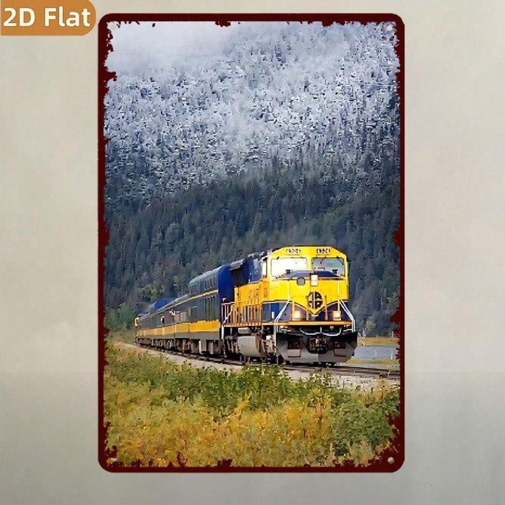1pc Winter Snow Mountain Train Wall Art, Retro Wrought Iron Hanging Sign, 7.9x11.8in Vintage Metal Plaque, 2D Flat Scenery Decor