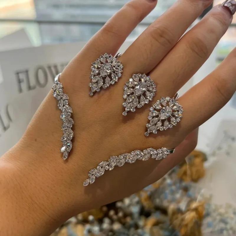 New Geometry Hand Bracelet for Women Adjustable Three-Finger Open Ring Jewelry 5A Cubic Zirconia Palm Cuff Bride Party