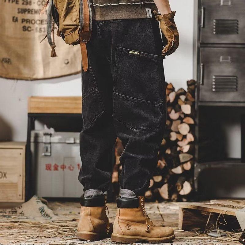 Spring and Autumn Black Straight Tooling Jeans Men's Trend Loose Trend Brand Spring Trousers Fashion Harlan Pants Trend