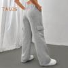 Women Cargo Pants Elastic Waist Adjustable Drawstring Straight Wide Leg Trousers Solid Color Sport Long Pants