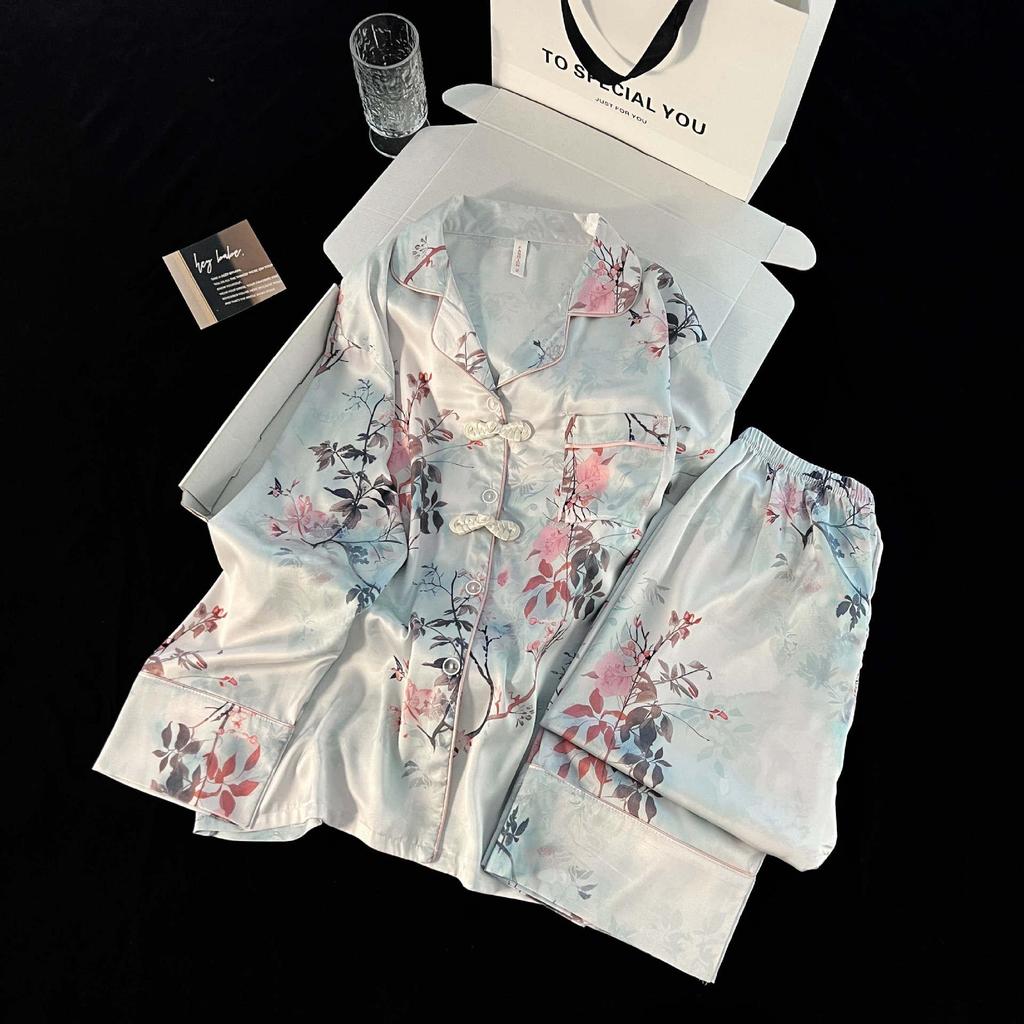 New Chinese Style Ice Silk Pajamas for Women: Cardigan Lapel with Retro Frog Button, Floral Design Home Wear.