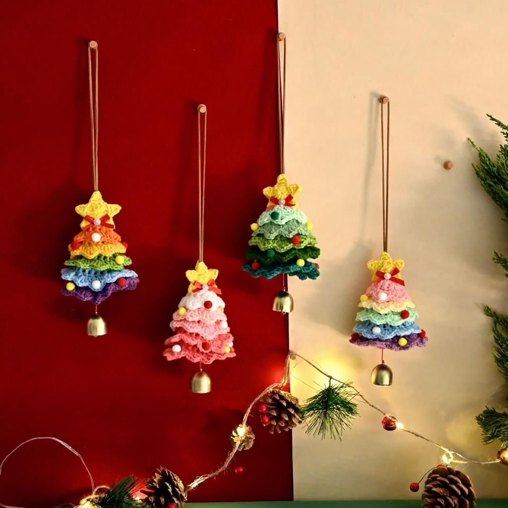 Handmade Crochet Christmas Tree Car Rearview Mirror Hanging Accessories Colorful Knitted Xmas Tree Charm for Car Decor Gift