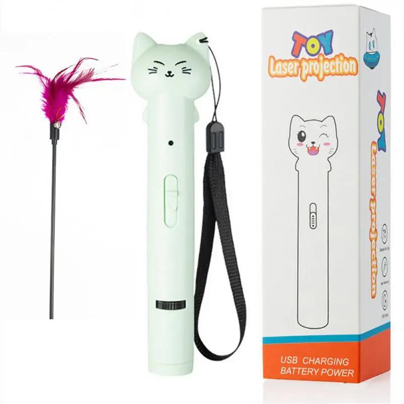 1pc Funny Pet Cat Pen Laser Multifunction USB Multi-pattern Projection Three-in-one Laser Toy Feather Stick Animal Toys