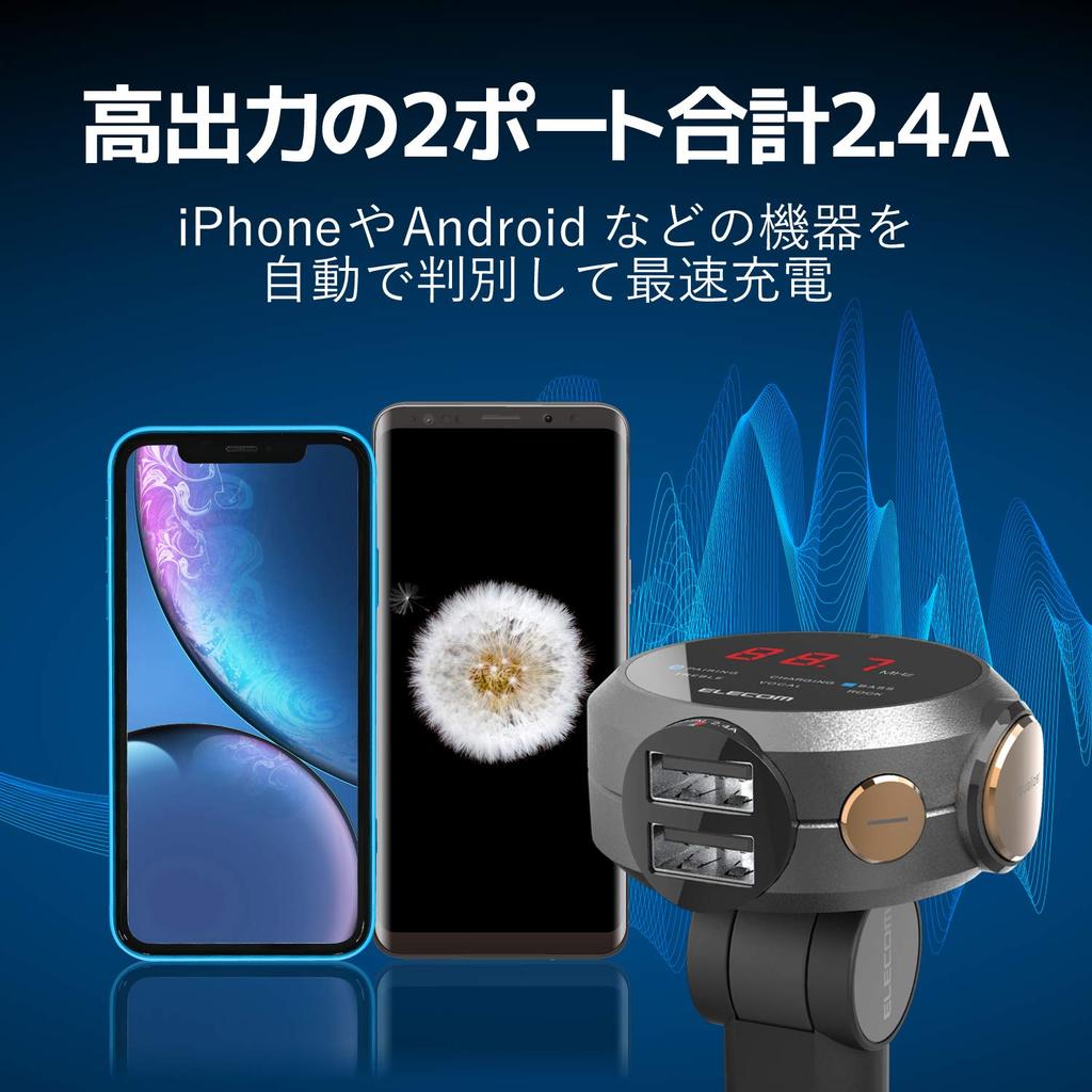 Elecom FM Transmitter with Deep Bass Mode, Equalizer, Bluetooth, 2 USB Ports, 2.4A Charging, Black (LAT-FMBTB05BK)