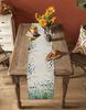 Spring Blue Flower Linen Table Runner Wedding Decoration Watercolor Floral Plant Kitchen Dining Table Runner Holiday Party Decor