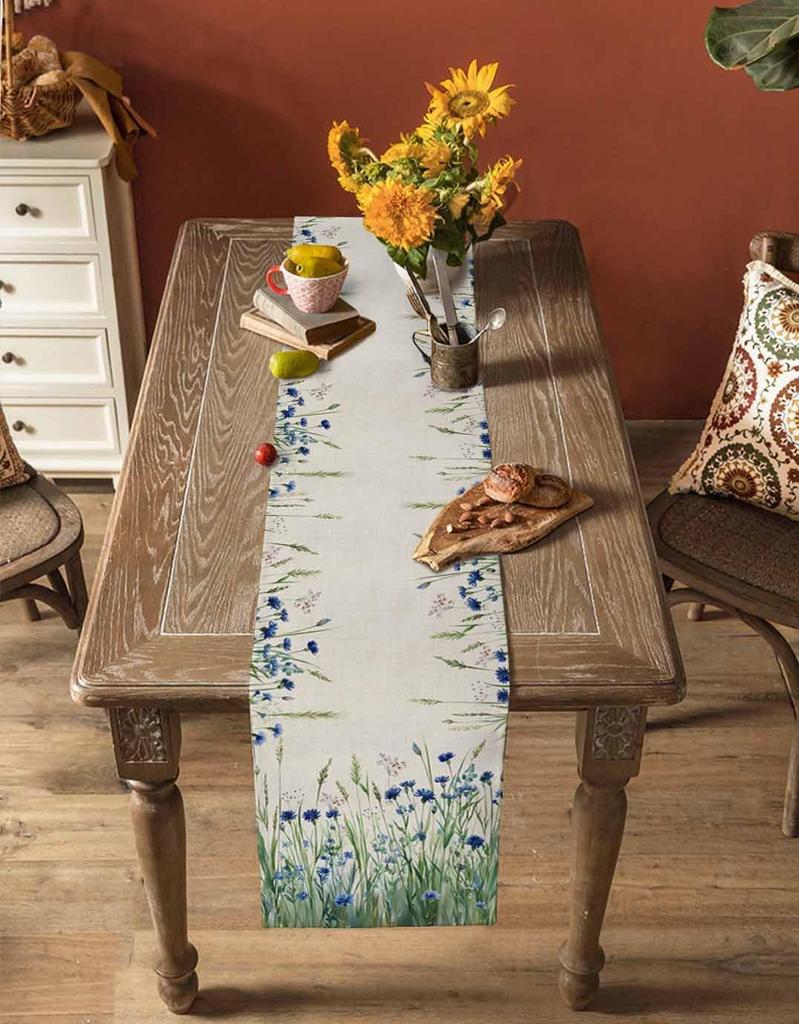 Spring Blue Flower Linen Table Runner Wedding Decoration Watercolor Floral Plant Kitchen Dining Table Runner Holiday Party Decor