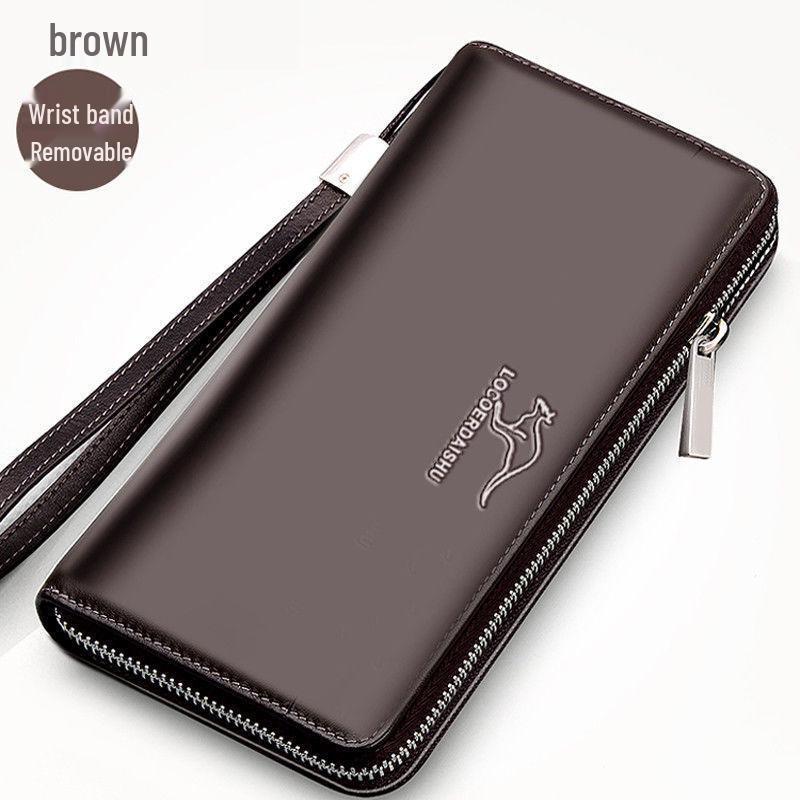 Men's Long Clutch Wallet with Multi-Card Slots, Phone Pocket, and Zippered Business Card Holder.