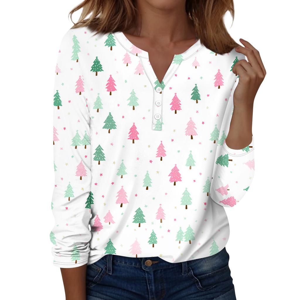 Women's Fashion Casual H Printed V-Neck Long Sleeve Decorative Button T-Shirt Tops